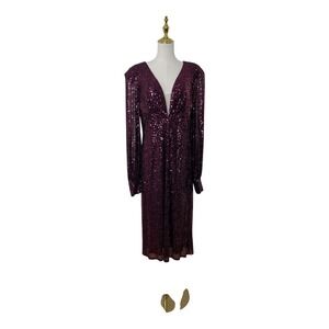 Mac Duggal 26866 Magenta Sequin Long Sleeve Plunge Midi Dress Size 10 $398